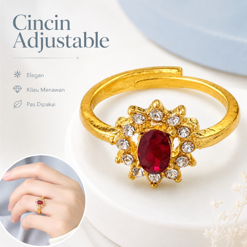 Cincin Permata Merah DELIMA Cincin Batu Permata Wanita Elegan mirip Perhiasan Titanium Anti karat