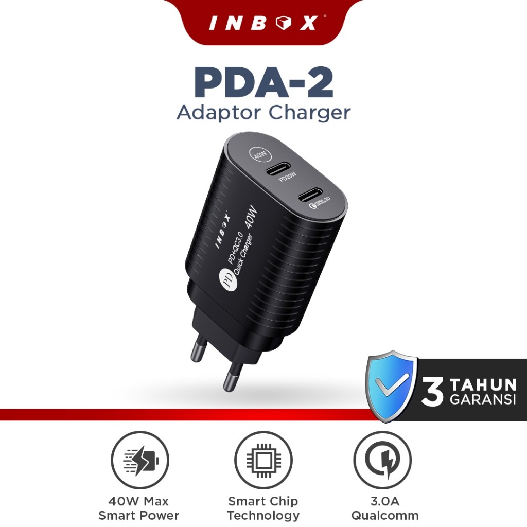 Inbox PDA-2 Adaptor Charger 40W QC 3.0 Smart Chip 2 port FAST CHARGING GARANSI 3 TAHUN