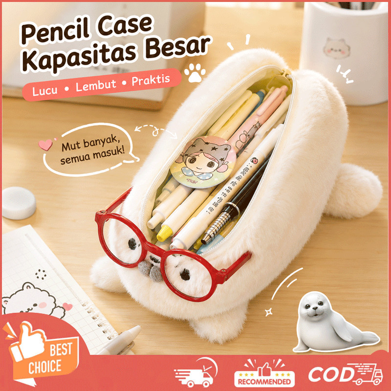 Tempat Pensil Bentuk Anjing Laut Boneka Lucu Bulu Lembut Tas Alat Tulis Multifungsi Kapasitas Besar 