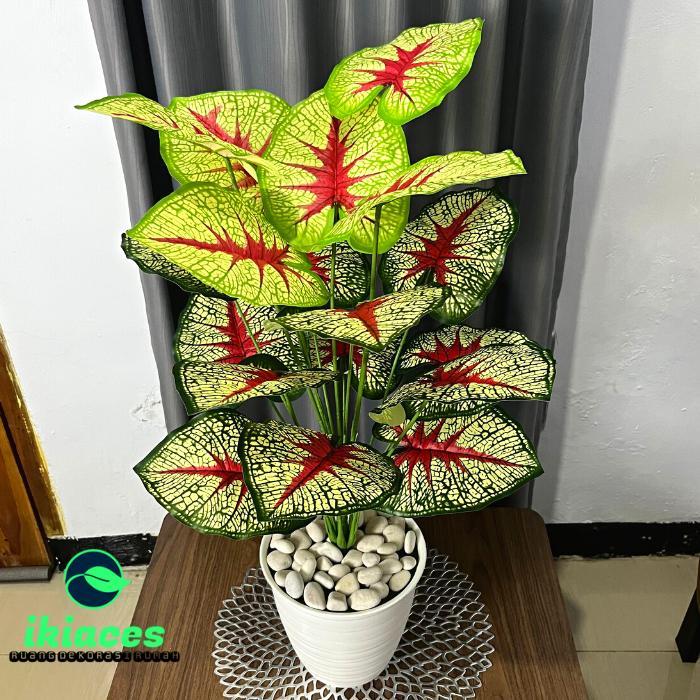 DAUN AGLONEMA ARTIFICIAL DAUN MONSTERA PLASTIK BUNGA KELADI HIAS MURAH - POT PUTIH