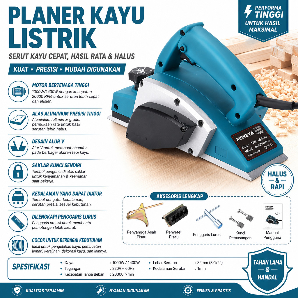 MOKETA Mesin Serut Kayu Listrik 450W Electric Planer Ketam Kayu Pasah Kayu Portable