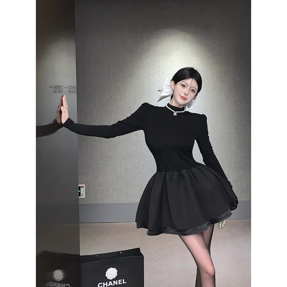 S beauty2026 Koleksi Musim Semi Terbaru Gaun Hitam Gaya Hepburn Gaun Putri Mewah Berlengan Mengemban