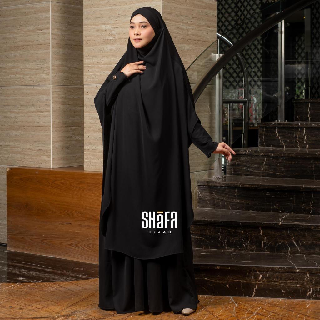 SHAFA HIJAB - Gamis Abaya Set French Khimar Mecca Bahan Jetblack Lengan Kancing Gold
