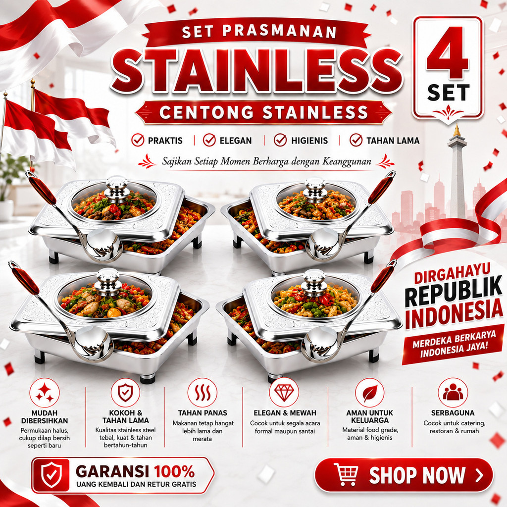 COMBO MERDEKA 4 SET PRASMANAN STAINLESS EXTRA 4 CENTONG KUALITAS TERJAMIN