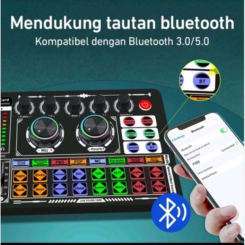Soundcard F999/ F999MAX Bluetooth Live SoundCard F999MAX Audio Live Mixer Untuk Live Streaming Karao
