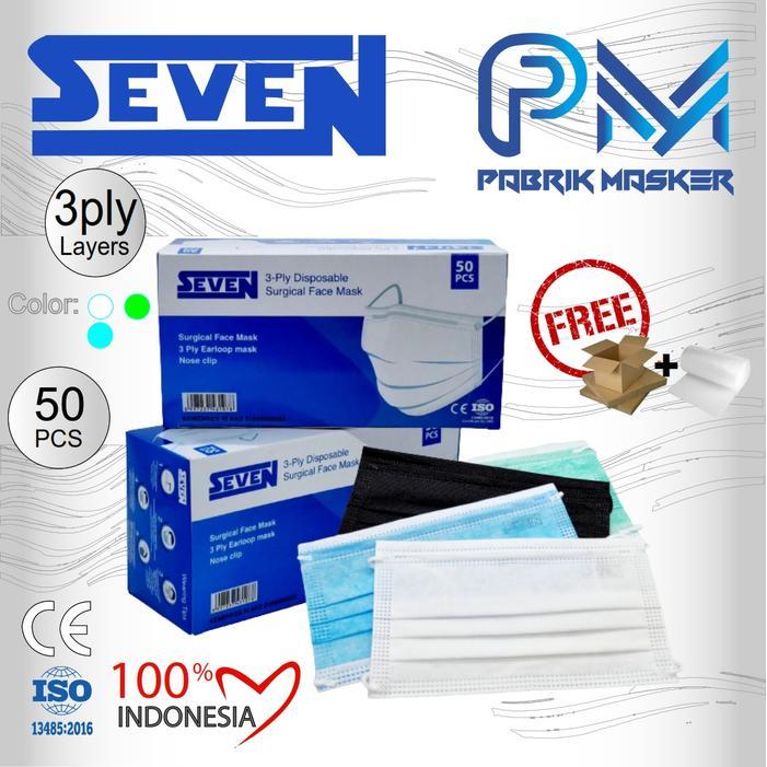 MASKER SEVEN MEDIS 3 PLY HIJAU, BIRU, PUTIH ISI 50pcs - SEVEN Putih