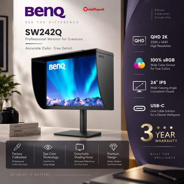 Monitor BenQ SW242Q No Shield 24 Inch 2K Fotografer Garansi Resmi BenQ SW242Q No Shield 24" 2K 16:10