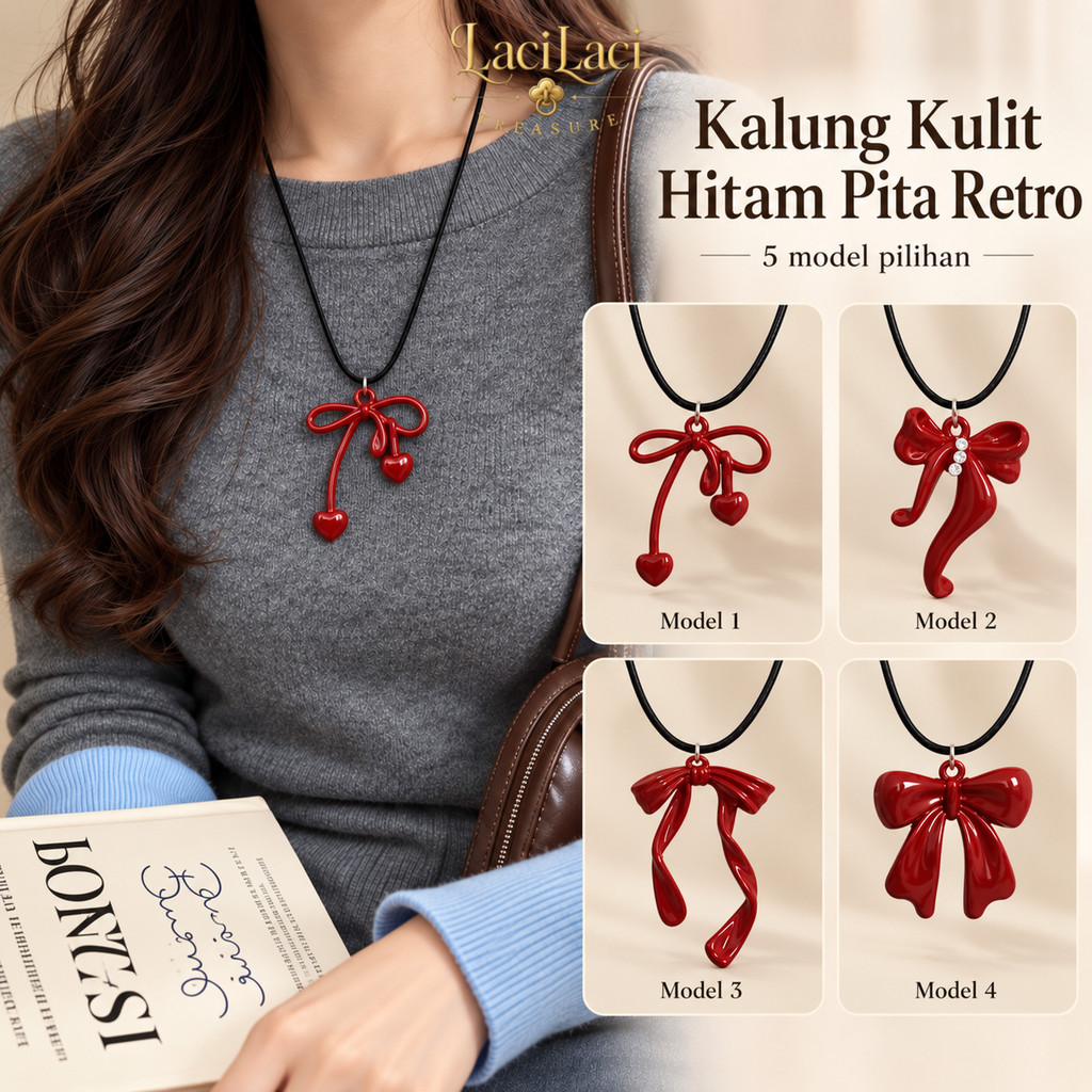 Kalung Tali Kulit Hitam Jangkar Merah Retro Serbaguna untuk Wanita-LaciLaci Treasure