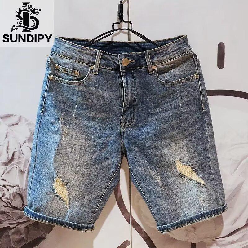 Celana Pendek Jeans Pria Washed Tipis Longgar Straight Sobek Gaya Streetwear Musim Panas