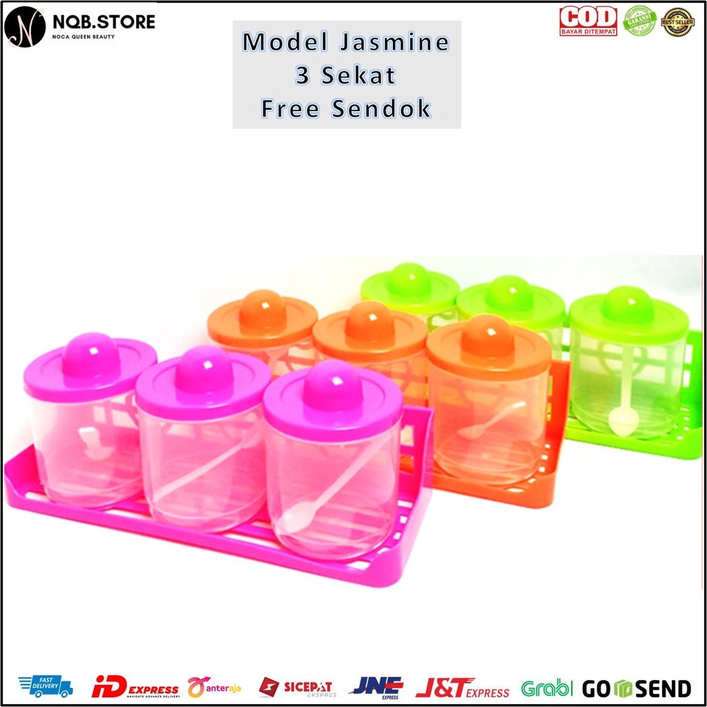 NQB - Rak Wadah Bumbu Dapur VITA ANGGREK Bulat Set 3 Sekat Serbaguna dengan Sendok Plastik - Garam G