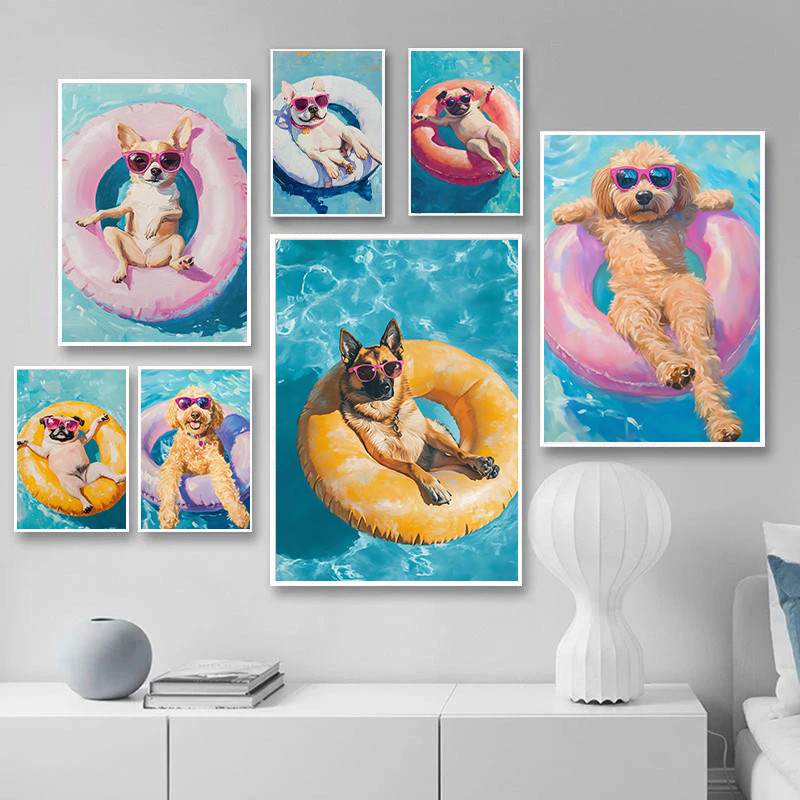 

Summer Lazy Afternoon Cool Pool Cute Animal Swimming Art Poster Canvas Printing Living Room Bedroom Home Decoration Painting
