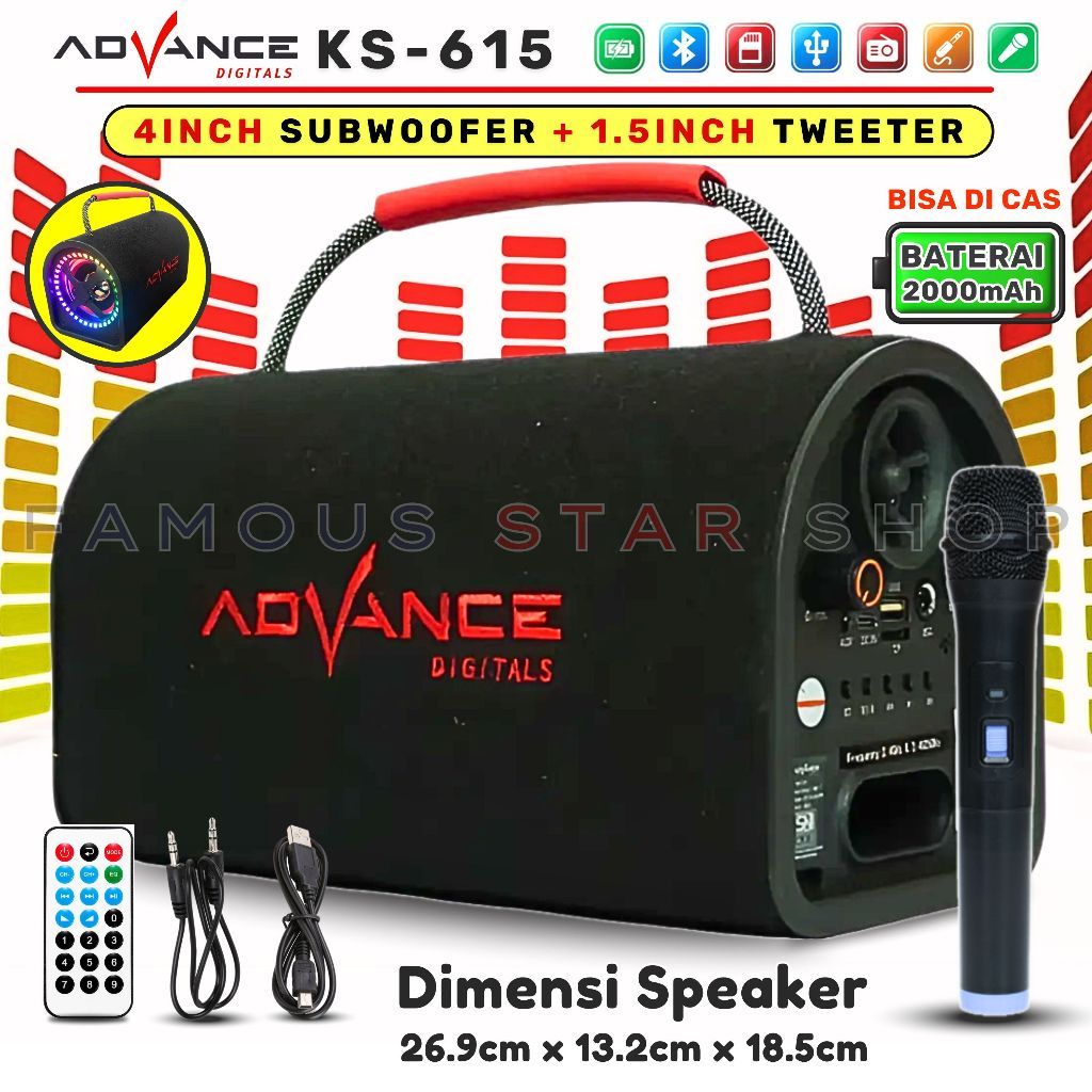 GRATIS MIC WIRELESS Speaker Tabung Bluetooth Portable Advance KS-615 [Karaoke/USB/TF/AUX/FM/REMOT/4 