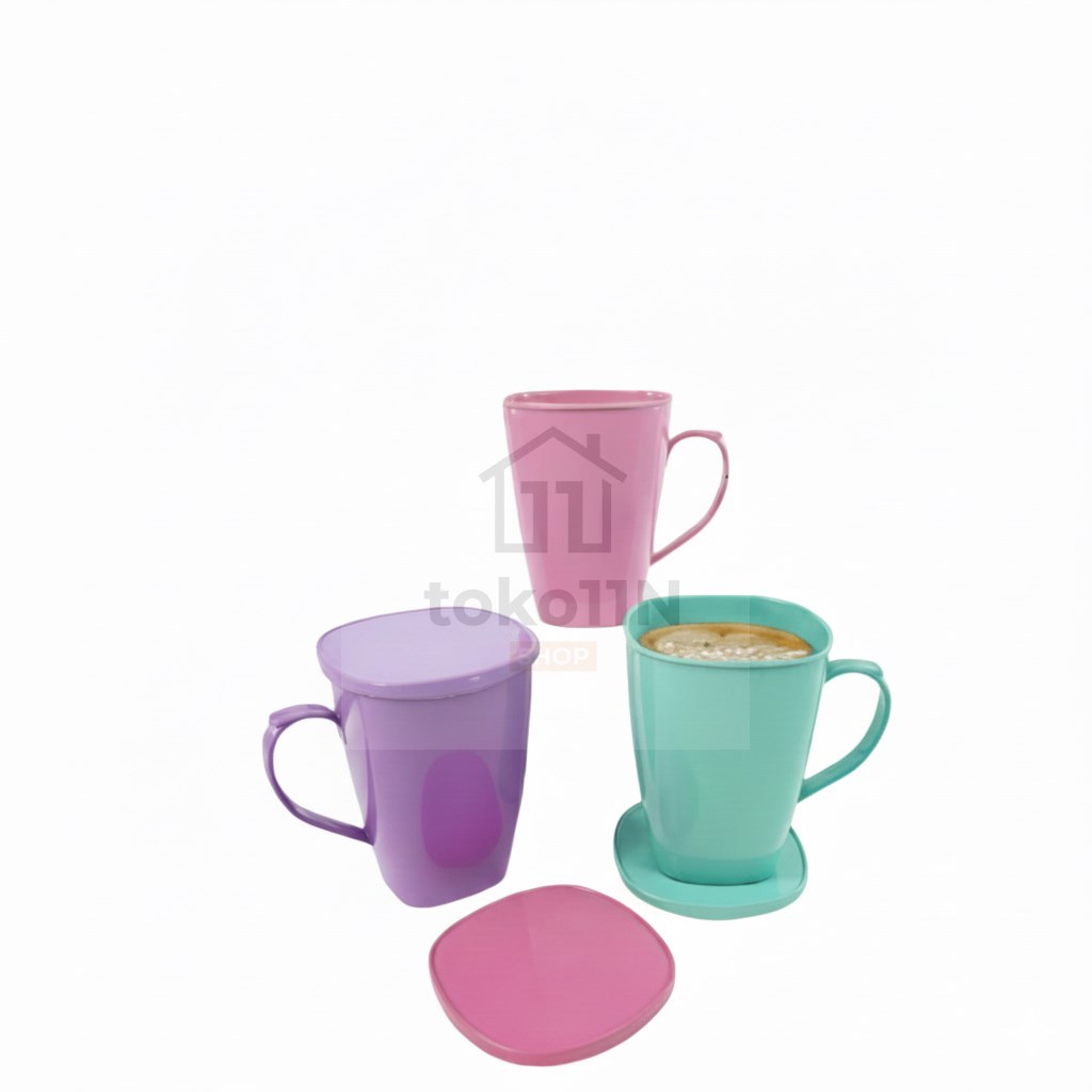 Gelas Yori NP Cangkir Kopi Plastik Gelas Plastik Dengan Tutup DAN Gagang 500ML Mug