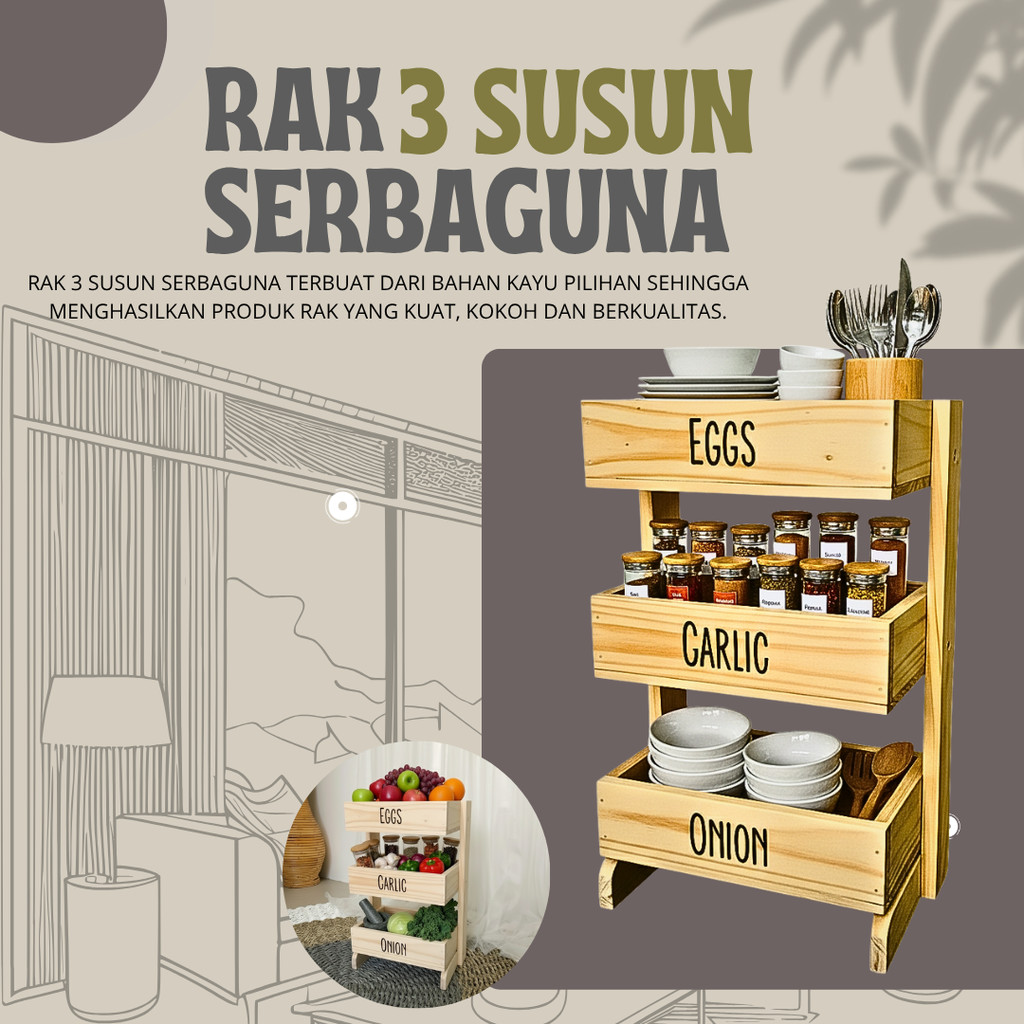 RAK BUMBU SAYUR 3 SUSUN BAHAN KAYU JATI BELANDA