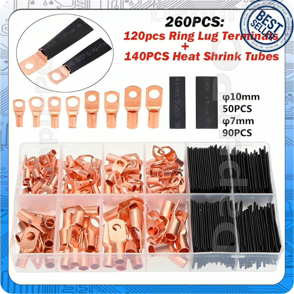 Skun Kabel Copper Ring Terminal Wire Connector 120 pcs dan Tubing 140 pcs