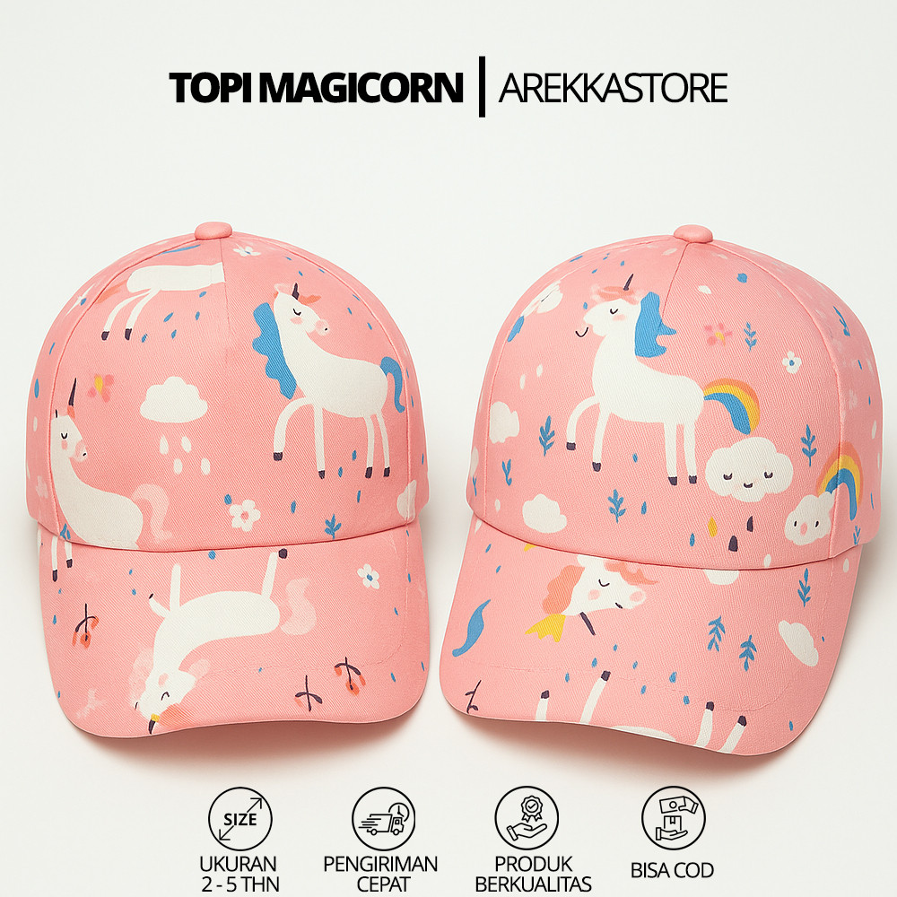 TOPI ANAK PEREMPUAN MODEL MAGICORN | Topi Lucu Karakter Unicorn Rainbow  Untuk Anak Usia 2–5 Tahun