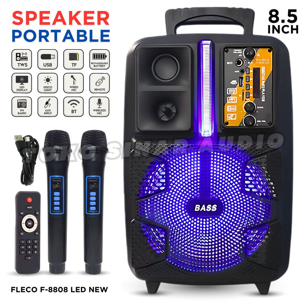{CID} Speaker TV LED Karaoke Super Bass 8.5 Inch + 2 Mic Wireless Bisa Dicas + Remot Kontrol + 2 Kab