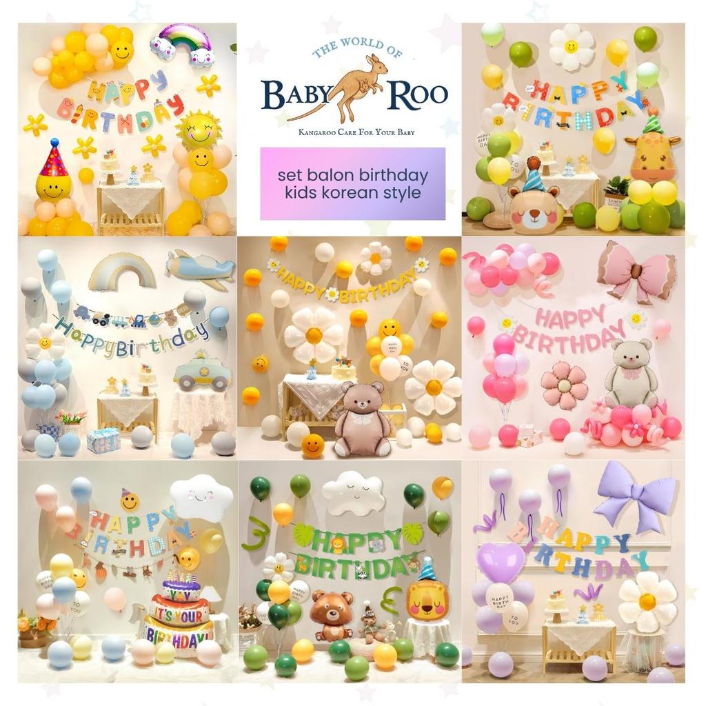 BABY ROO Set Balon Dekorasi Happy Birthday / Ulang Tahun Korea Beruang Pelangi Pita Laki-laki Peremp