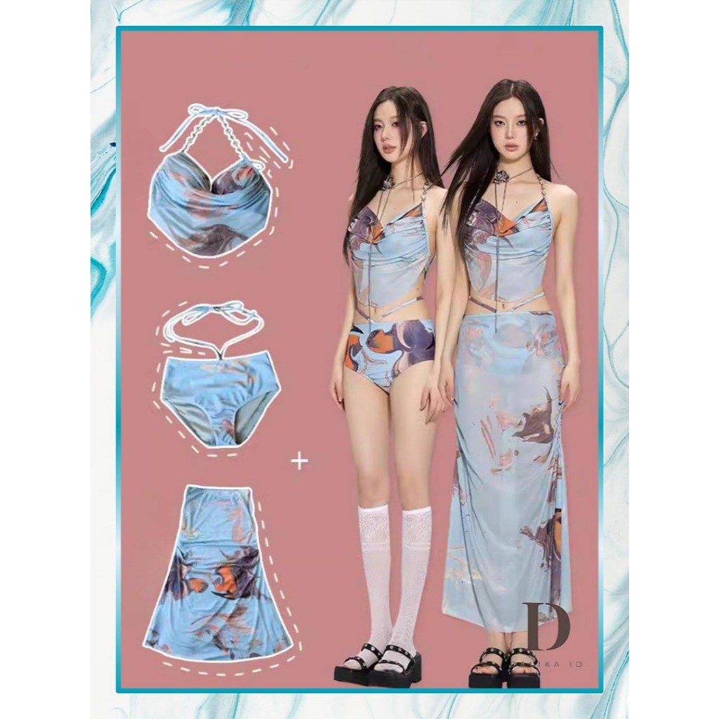 Bikini Swimsuit Beachwear Three Piece Wanita High Waist Motif Abstrak Gaun Outer Biru Pink Panjang F