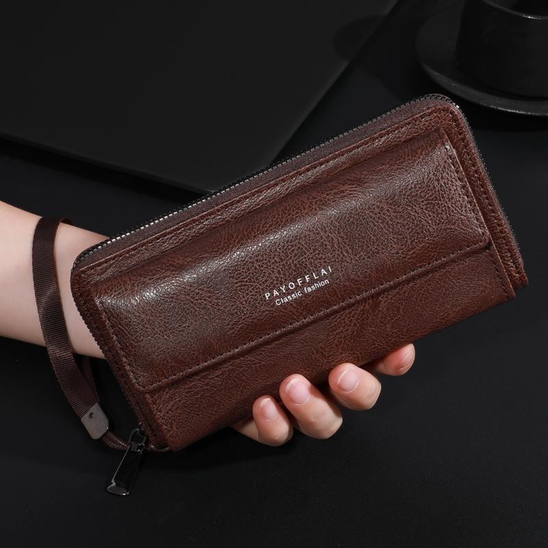 Dompet Pria Panjang Dompet hp dan uang Kulit Gaya Retro Kapasitas Tinggi Dompet Lipat