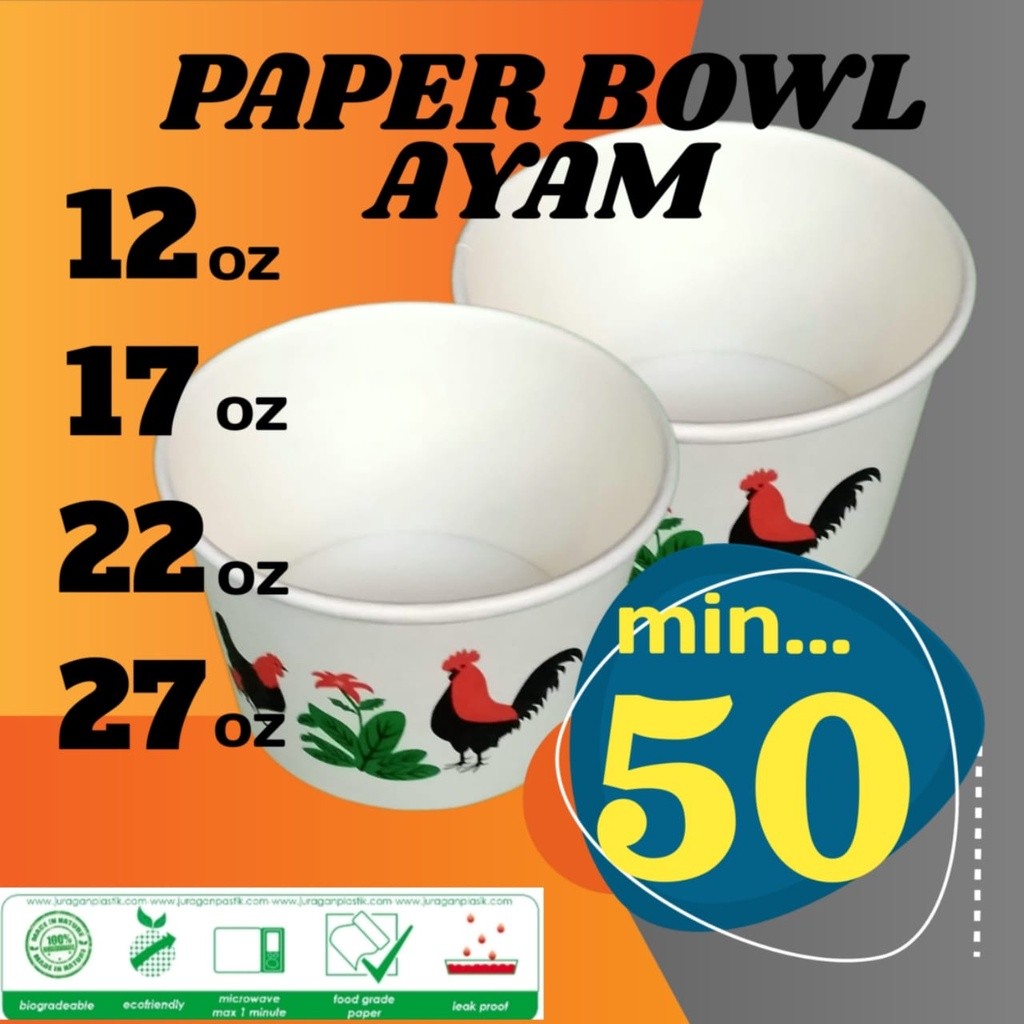 Paper Bowl Mangkok Mangkuk Ayam Jago Papper Cup Rice Bwol Kertas Mie Ayam Bakso Baso Indomie Rebus K