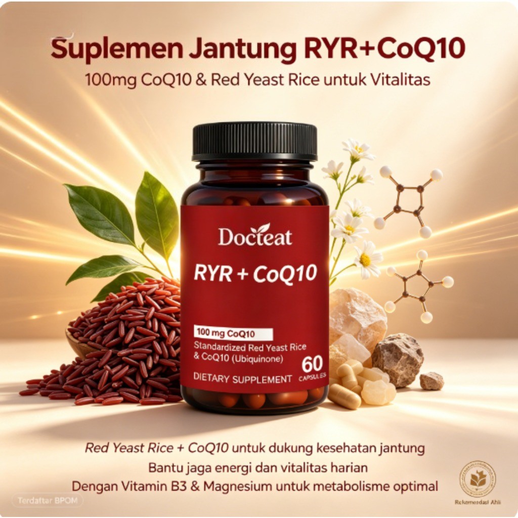Docteat RYR+CoQ10 Suplemen 60 Kapsul 100mg CoQ10 & Red Yeast Rice Dukung Kesehatan Jantung & Vitalit