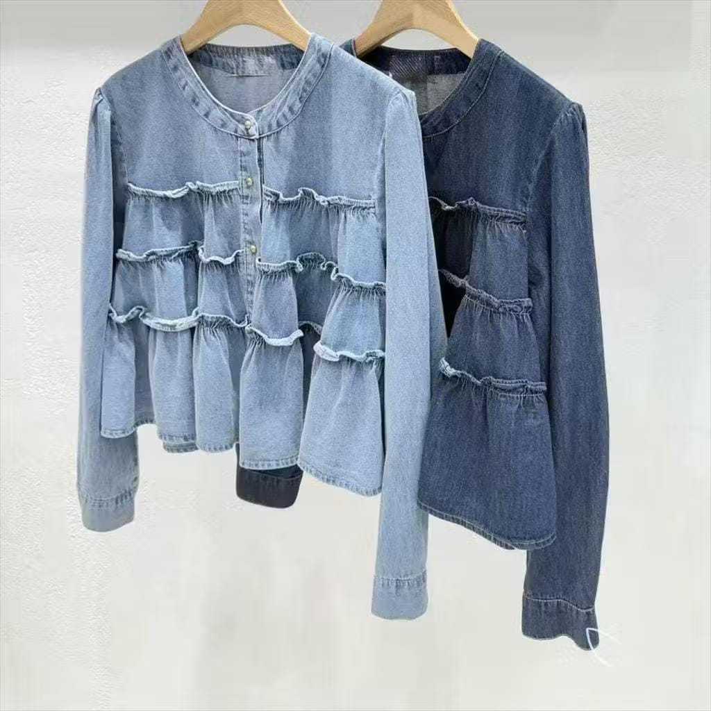 ZHITA KEMEJA  RUFFLE  JEANS  CROP TOP  ATASAN DENIM WANITA  LENGAN   PANJANG