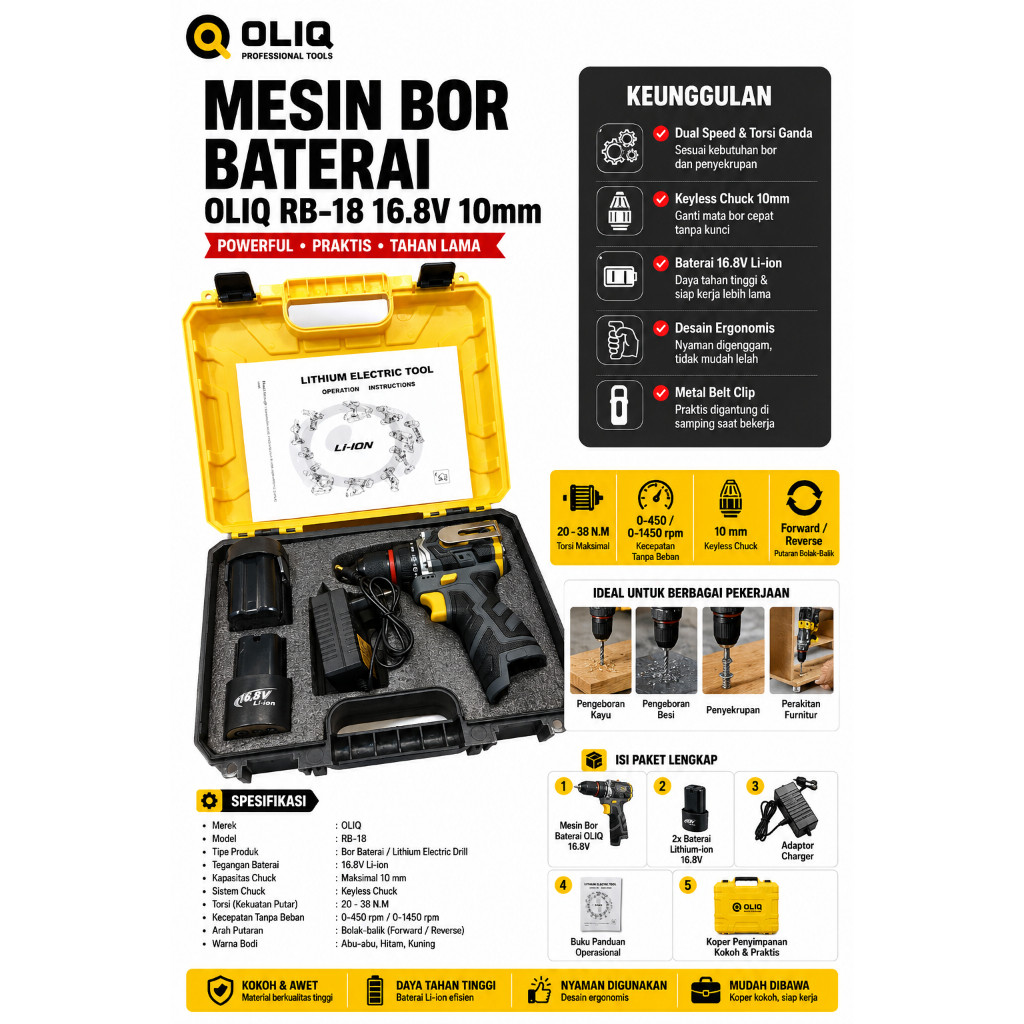 Mesin Bor Baterai Cordless OLIQ Drill RB-18 16.8V 10mm Koper Set 2 Baterai