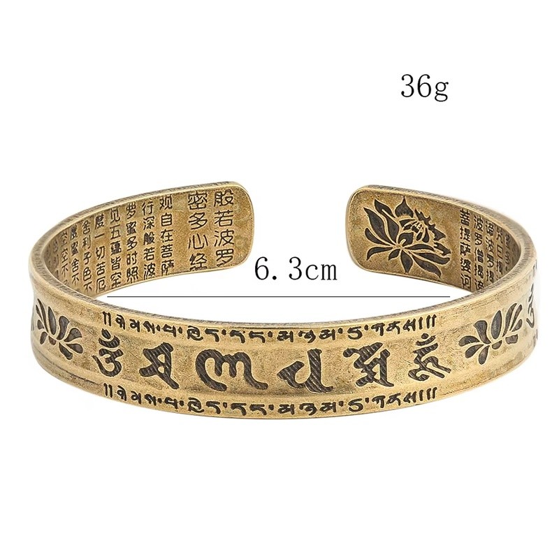 Gelang Terbuka Tembaga dengan Mantra Buddha Tibet Bunga Teratai Om Mani Padme Hum Prajna Heart Sutra