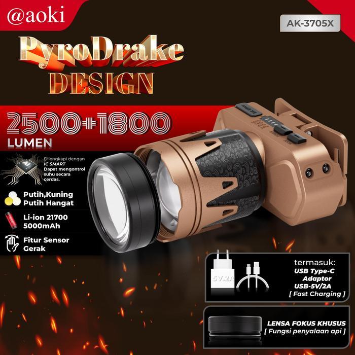 AOKI Senter Kepala PyroDrake Bisa Menyulut Api Sensor Gerak 3 Warna Cahaya USB Recharge Fitur Unggul
