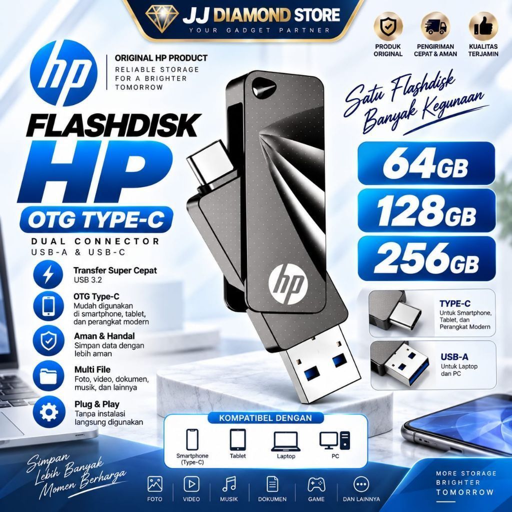 FLASHDISK HP 64GB 128GB 256GB 3.2 762C OTG TYPE C /FLASHDISK DUAL KONEKTOR
