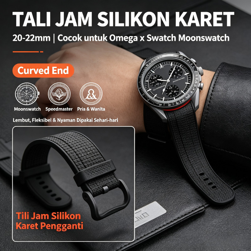 Tali Jam untuk Omega X Swatch Moonswatch 20-22mm Tali Karet Melengkung Strap Silicone Jam Tangan Pri
