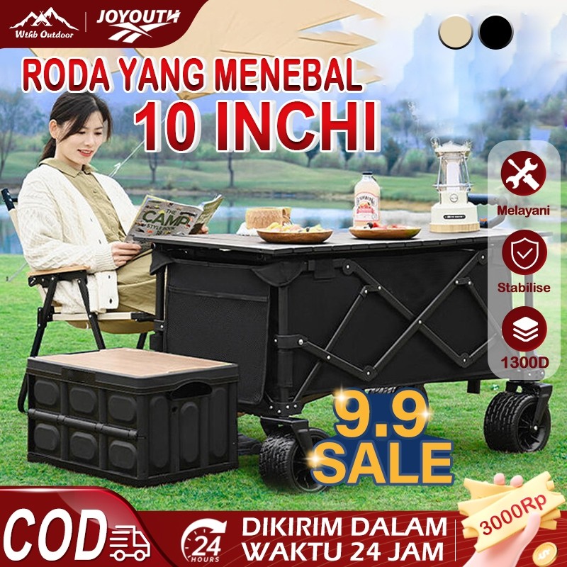 JOY Troli Barang Outdoor Trolley Camp Wagon Keranjang Belanja Brake Troli Piknik Besar Roda Besar