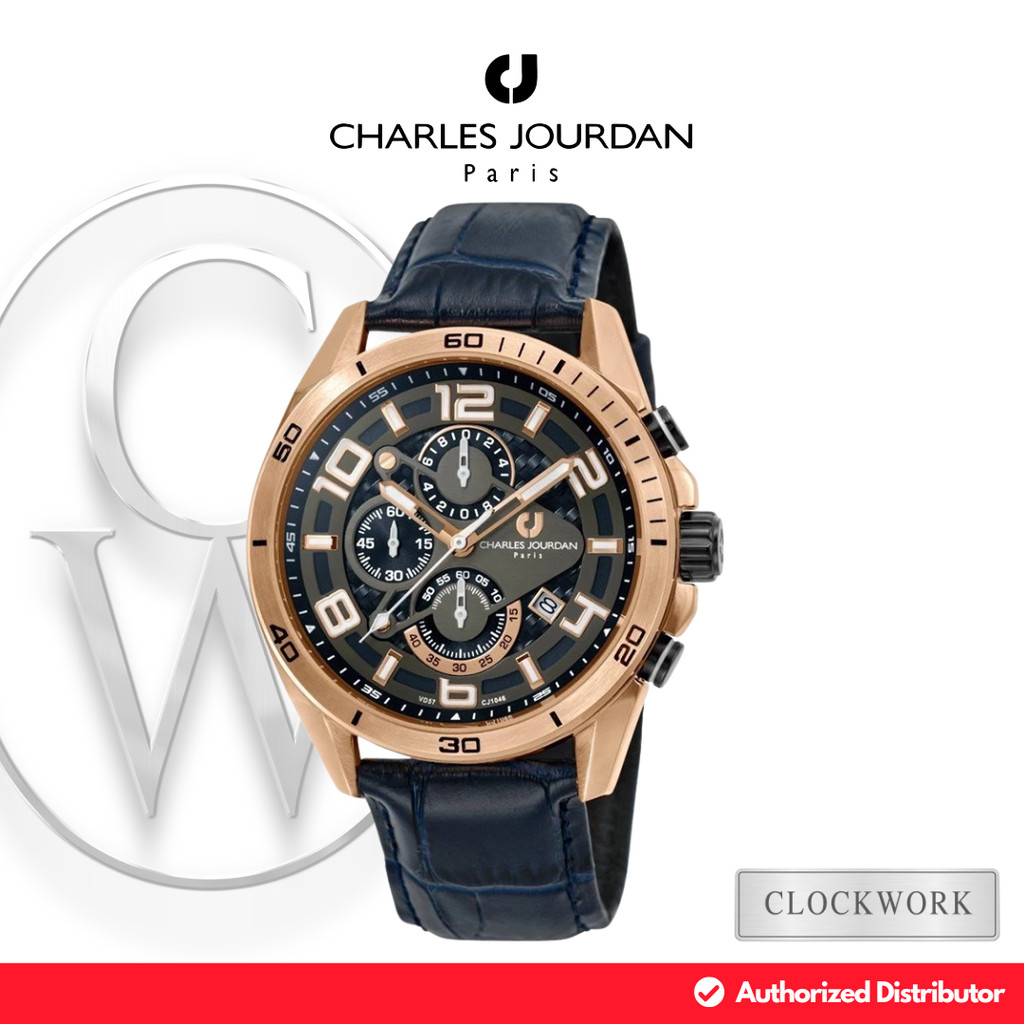 Jam Tangan Pria Charles Jourdan CJ1046-1585C Kulit Sporty Casual Kombinasi Biru dan Rosegold