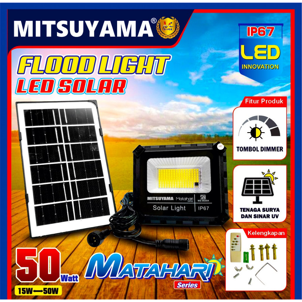 Lampu Sorot Solar Mitsuyama MS-9650A / MS-96250A – Floodlight Tenaga Surya Seri Matahari