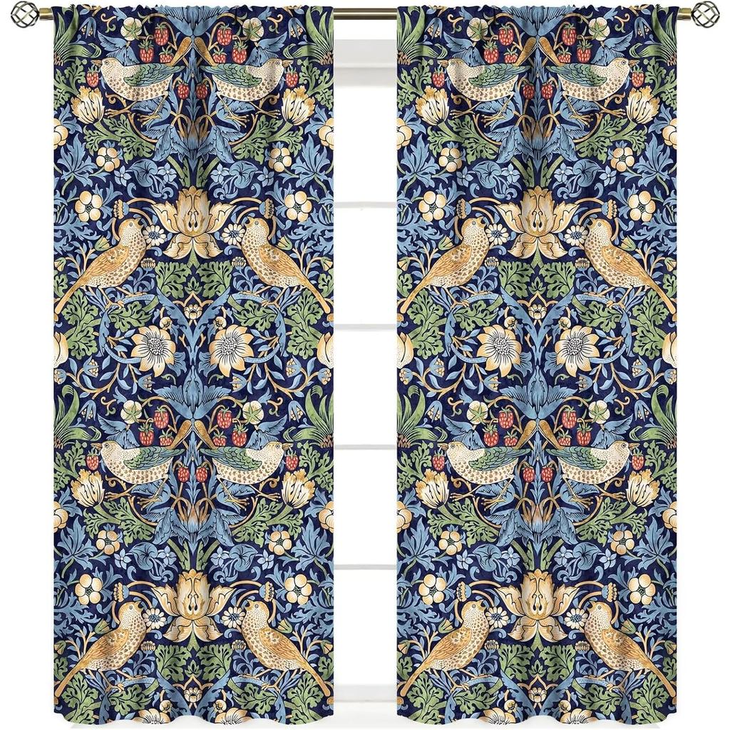 Vintage Floral Curtain,Blue William Morris Original Design Strawberry Thief for Bedroom,Living Room,