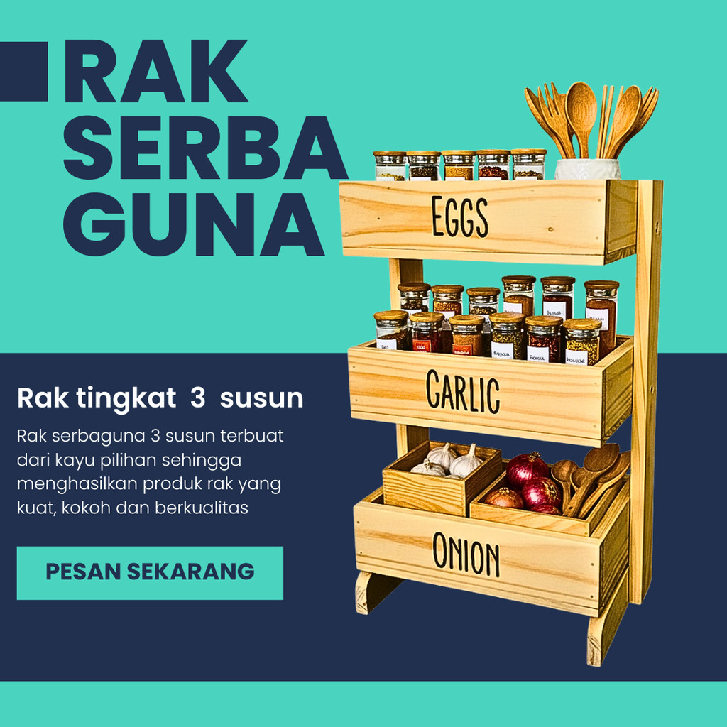 Rak bawang kayu 3 susun / Rak dapur / Rak kosmetik/ Rak perkakas/ Rak bawang