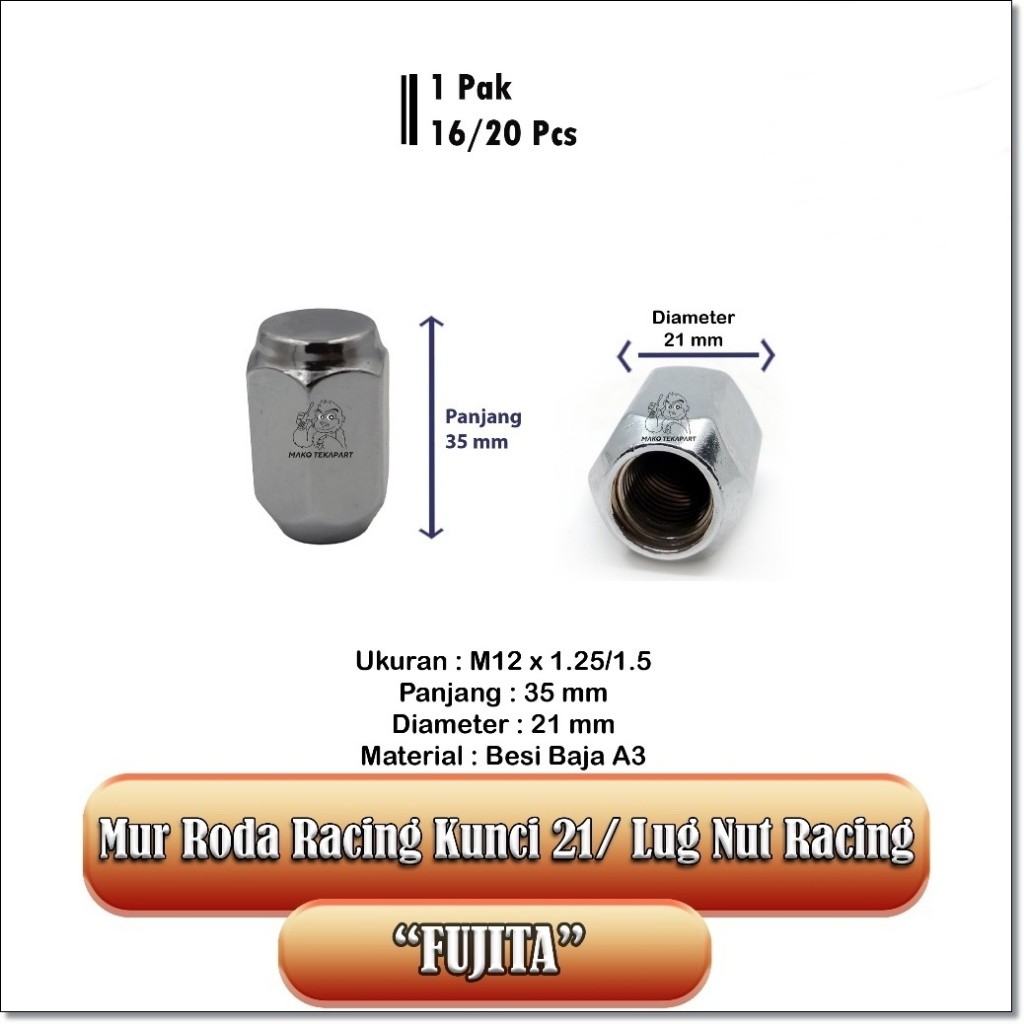 Mur Baut Roda Mobil Racing Universal M12 x 1.50/M12x1.25 kunci 21 Kunci 19 [SATUAN]