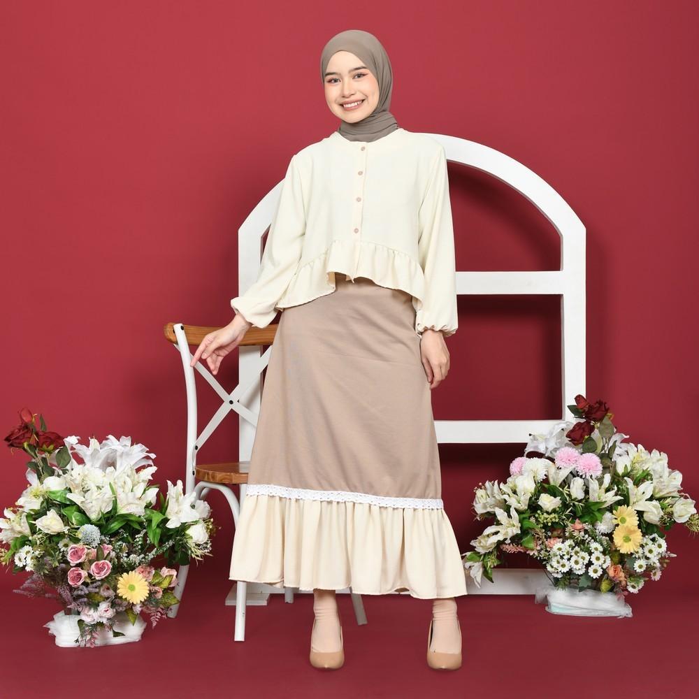 Myaffselv Haia One Set Setelan Rok Wanita Kekinian Kemeja Crinkle Rayon & Rok Rempel Renda Dewasa Re