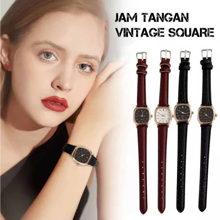 Jam Tangan Kulit Wanita Vintage Jam Tangan Cewek Jam Tangan Kotak Analog Jam Tangan Quartz Import Wa