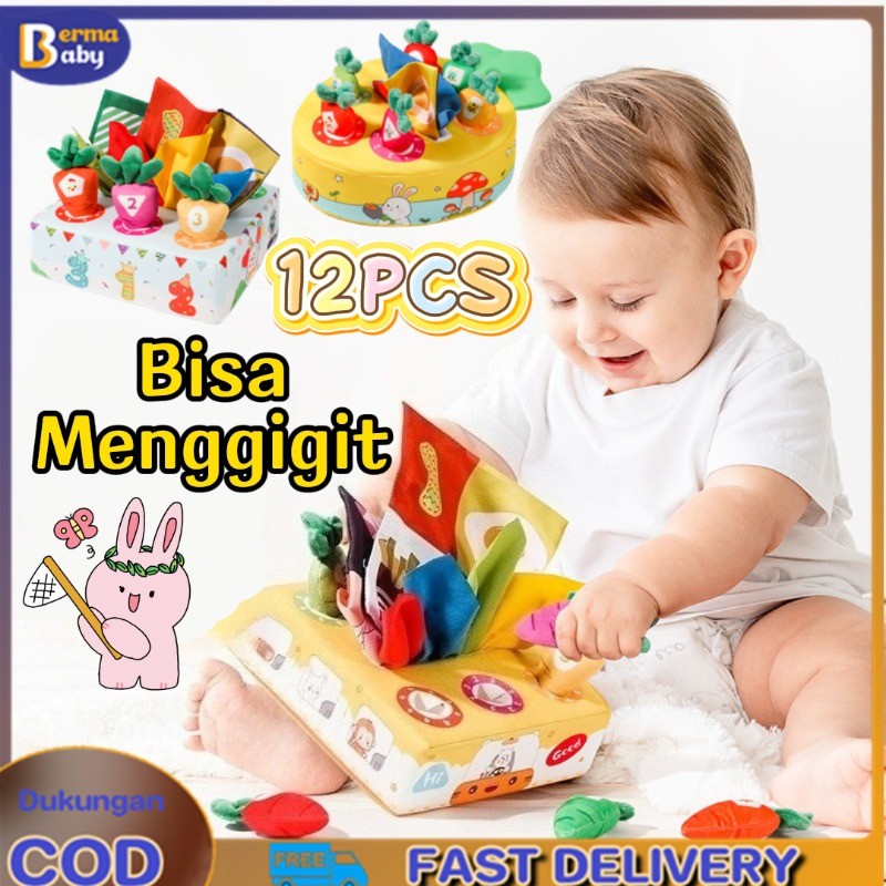 2in1 12pcs Sensory Kotak Tisu Bayi/Tarik Lobak Mainan Anak Tempat Tisu/Bahan Kain Karakter Little Fr