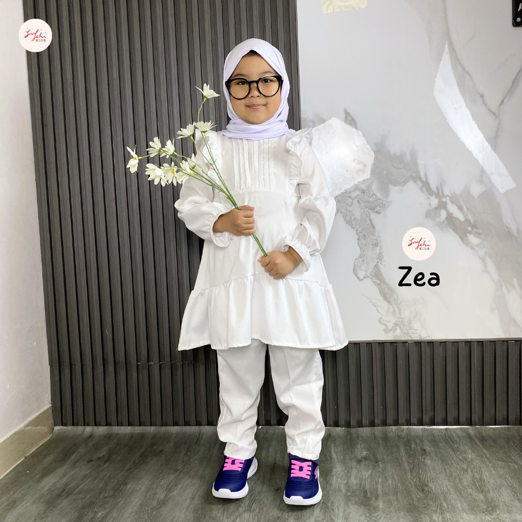 Soulleha Zea Oneset [ KERUDUNG] Setelan Putih Anak Seragam Sekolah Manasik Haji Set Tunik Celana