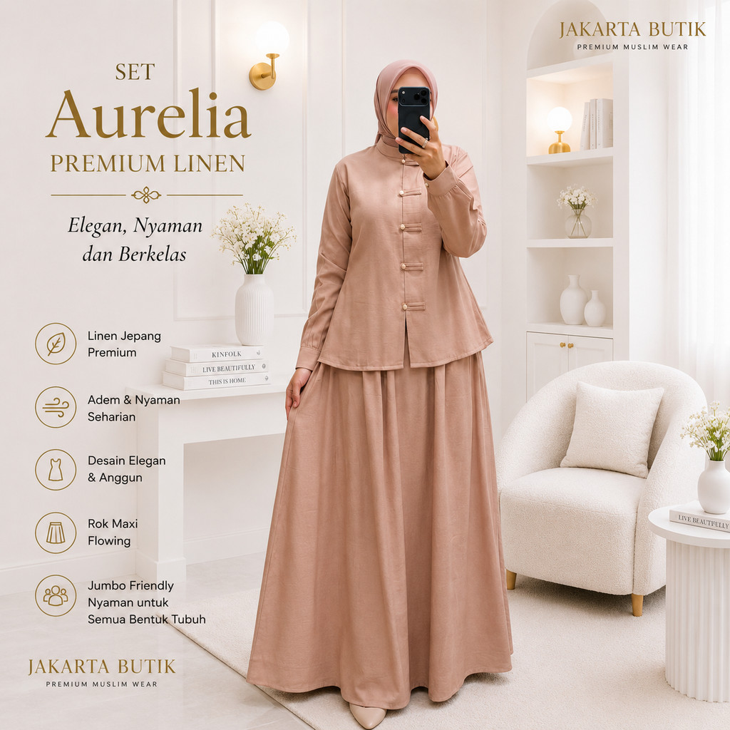 Set Rok Aurelia Premium Linen Jepang – Setelan Muslim Wanita Elegan Atasan Kancing Rok Maxi Jumbo Ja