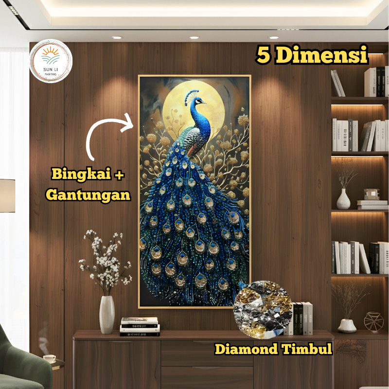 SUNLIPAINTING Lukisan Porcelain 5D - Motif Merak 5D - Lukisan Merak 5D - Dekorasi Rumah     Berkuali