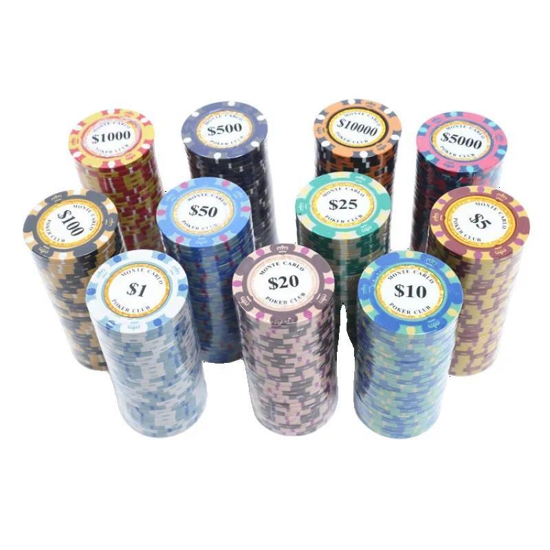 Koin Monte Dollar Carlo 10pcs, Chip Poker Tanah Liat Emas, Koin Kasino 14gram, Chip Poker Tanah Liat