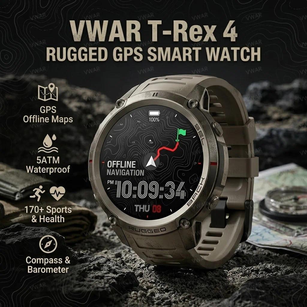 VWAR T-REX4 Military Smart Watch Built-in GPS Offline Maps Sapphire AMOLED Sport Bluetooth Call Smar