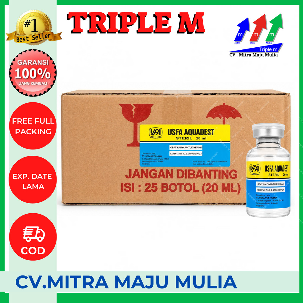 USFA AQUADEST 20 ML 1 BOX ISI 25 PCS - Aquades Air Steril Destilated Water untuk Pelarut Vaksin & Pe