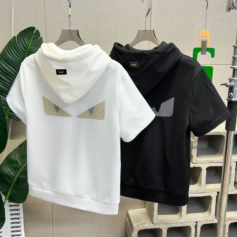 Kaos berkerudung, kaos lengan pendek untuk pria, jaket jaring longgar dan bernapas.
