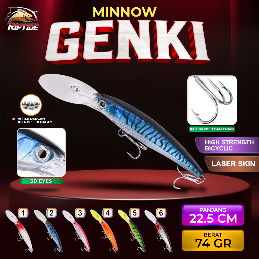 LURE MINNOW RIPTIDE GENKI 22.5 CM 74 GR UMPAN CASTING TROLLING GID RATTLE