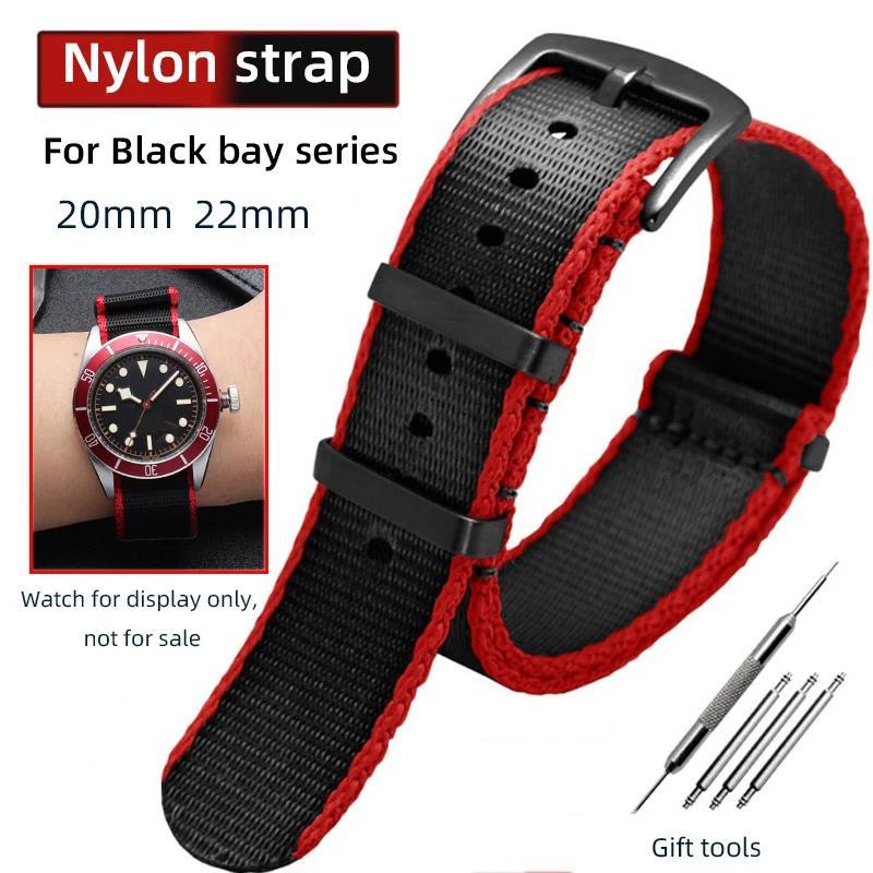 22mm For Tudor Pelagos nylon bands FXD Black bay nylon strap Bracelet Small red flower 1958 Men's Bl